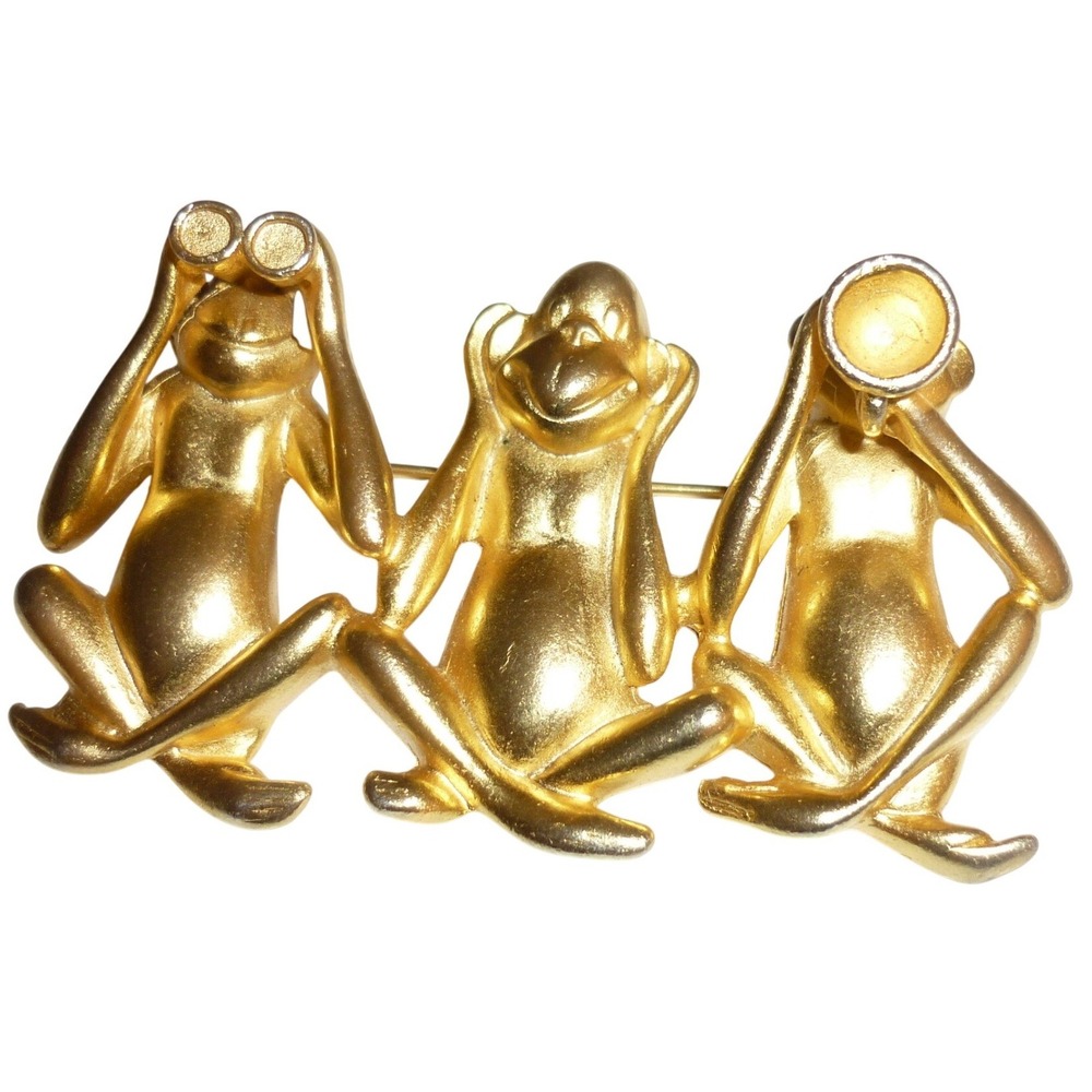 Vintage AJC Gold Tone Three Wise Monkeys Brooch See Hear Speak No Evil Pin